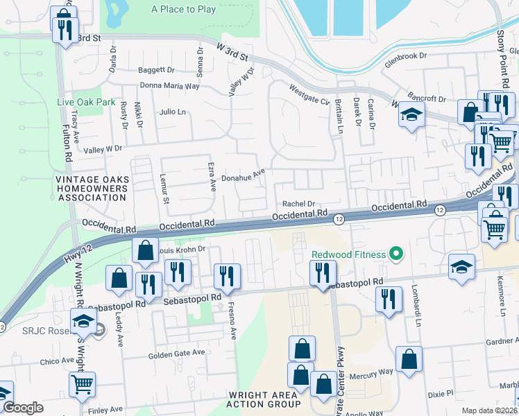 map of restaurants, bars, coffee shops, grocery stores, and more near 2312 Cross Avenue in Santa Rosa