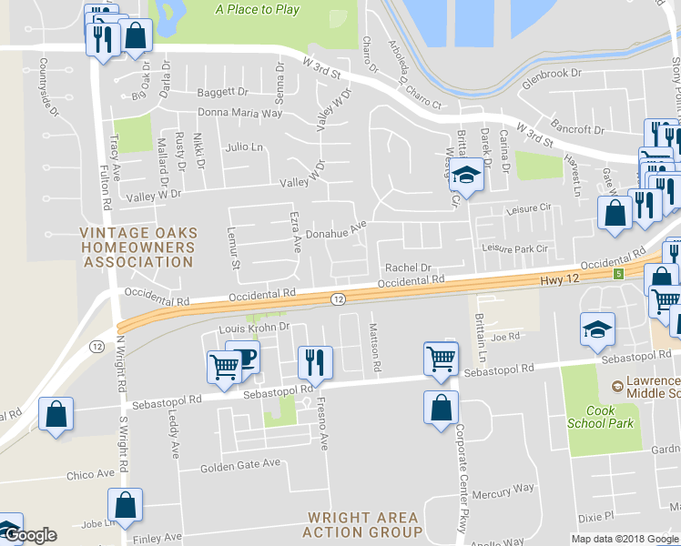 map of restaurants, bars, coffee shops, grocery stores, and more near 2312 Cross Avenue in Santa Rosa