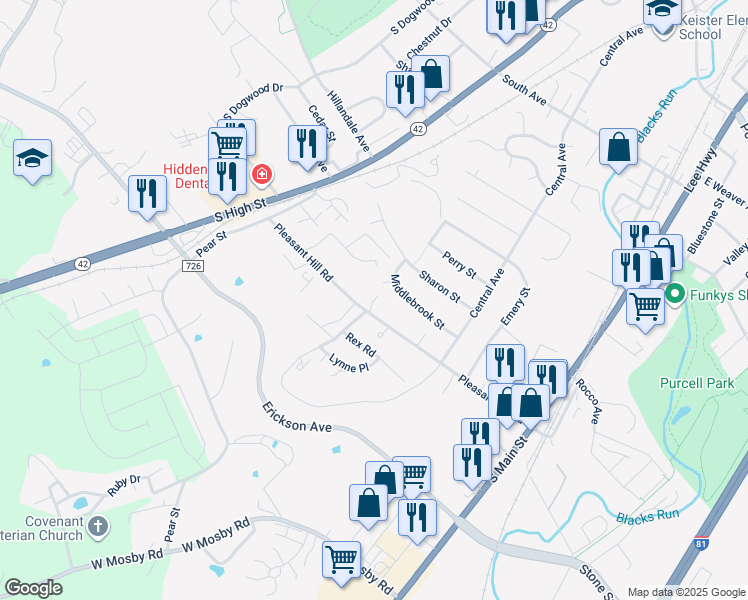 map of restaurants, bars, coffee shops, grocery stores, and more near 1743 Kingston Court in Harrisonburg