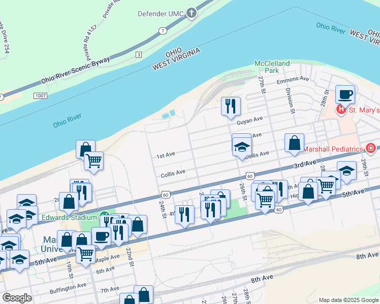 map of restaurants, bars, coffee shops, grocery stores, and more near 2450 1st Avenue in Huntington