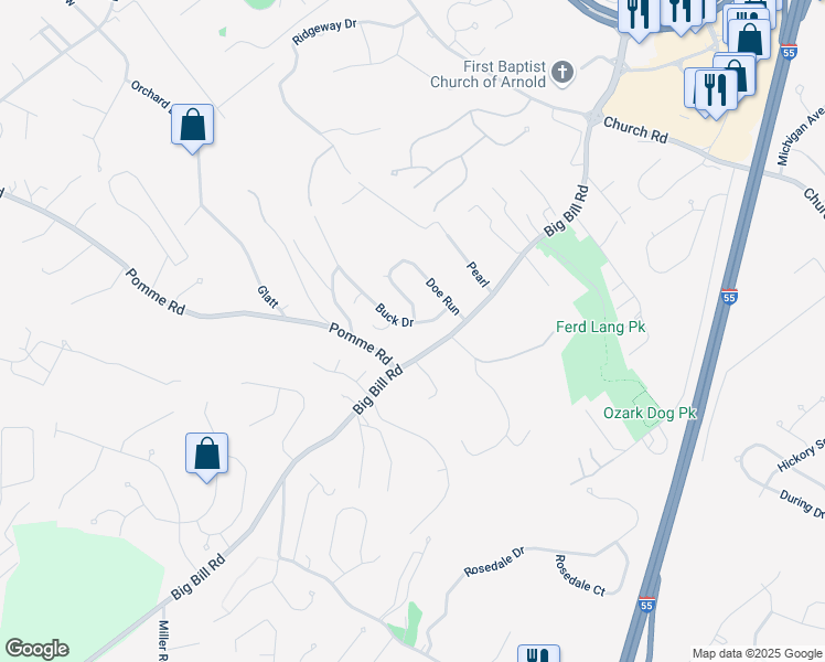 map of restaurants, bars, coffee shops, grocery stores, and more near 2101 Doe Run Drive in Arnold