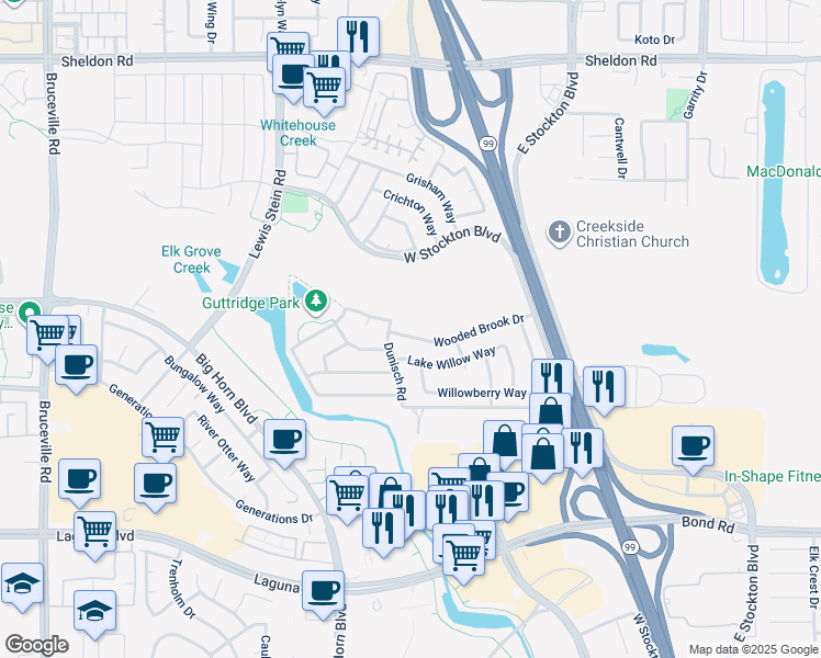 map of restaurants, bars, coffee shops, grocery stores, and more near 8213 Wooded Brook Drive in Elk Grove