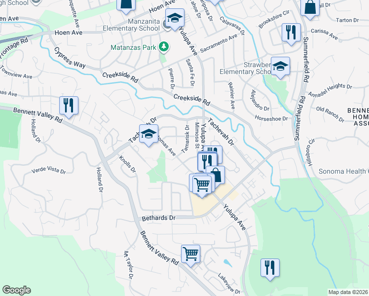 map of restaurants, bars, coffee shops, grocery stores, and more near 2521 Tamarisk Drive in Santa Rosa