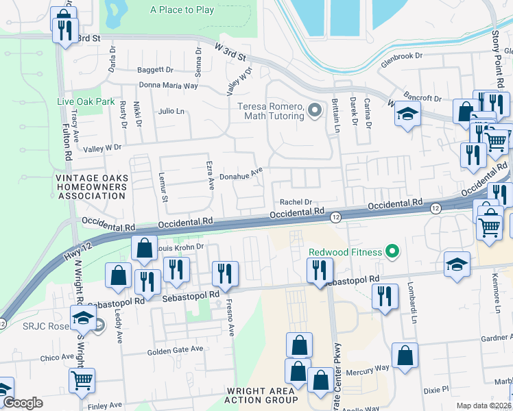 map of restaurants, bars, coffee shops, grocery stores, and more near 2312 Cross Avenue in Santa Rosa