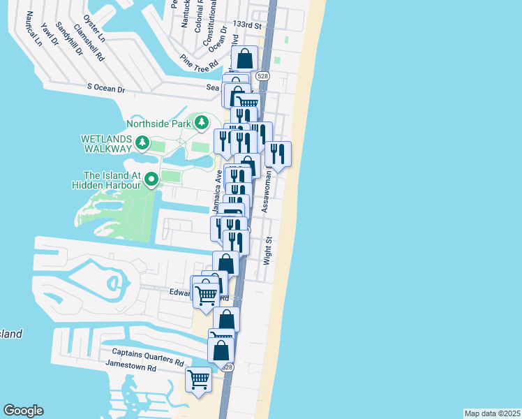 map of restaurants, bars, coffee shops, grocery stores, and more near 12405 Assawoman Drive in Ocean City