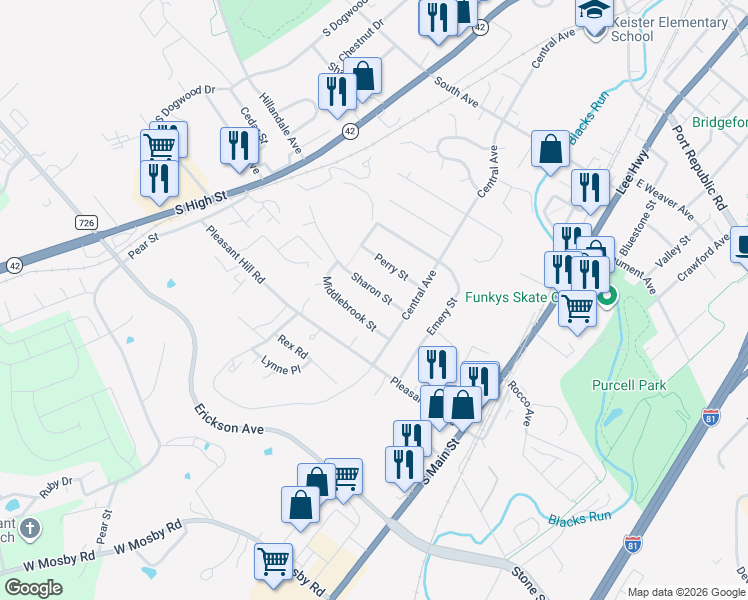 map of restaurants, bars, coffee shops, grocery stores, and more near 83 Sharon Street in Harrisonburg