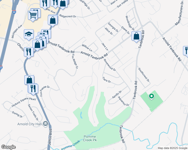 map of restaurants, bars, coffee shops, grocery stores, and more near 2701 Pomme Meadows Drive in Arnold