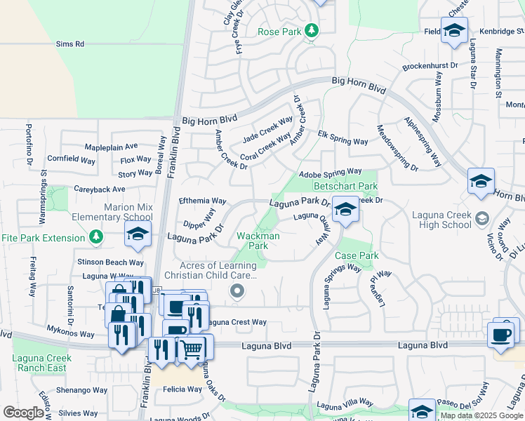 map of restaurants, bars, coffee shops, grocery stores, and more near 9005 Weeping Fig Way in Elk Grove