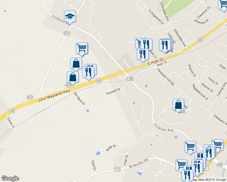 map of restaurants, bars, coffee shops, grocery stores, and more near 1966 Russell Drive in Harrisonburg