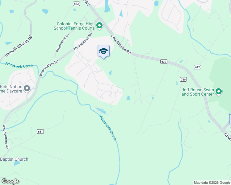 map of restaurants, bars, coffee shops, grocery stores, and more near Bedrock Way in Stafford County