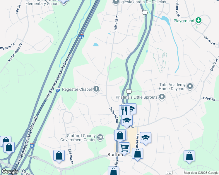 map of restaurants, bars, coffee shops, grocery stores, and more near 6 Aster Lane in Stafford