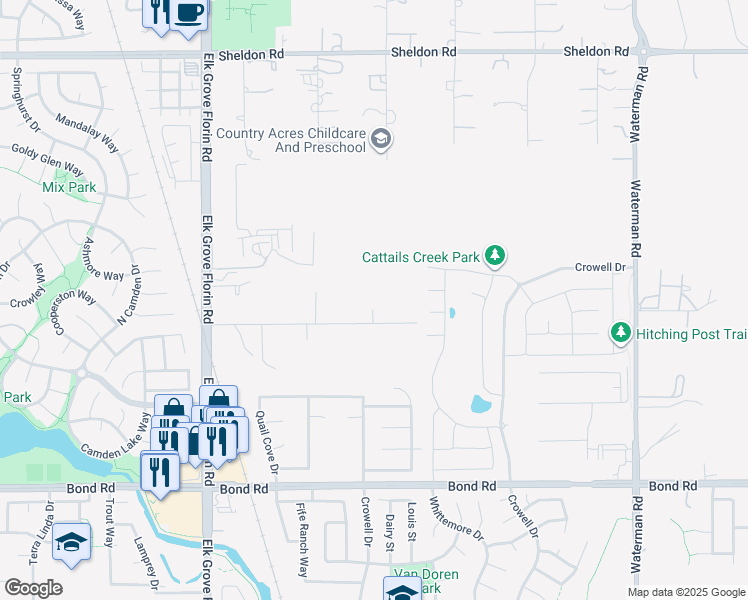 map of restaurants, bars, coffee shops, grocery stores, and more near 9065 Campbell Road in Elk Grove