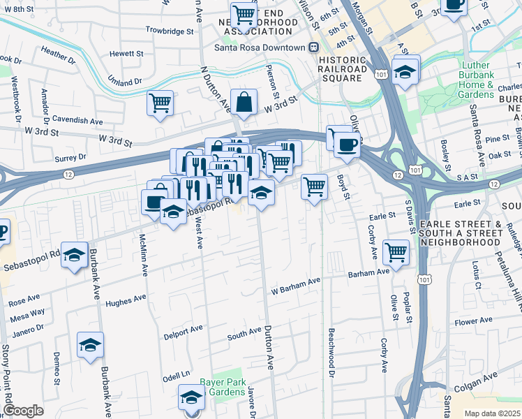 map of restaurants, bars, coffee shops, grocery stores, and more near in Santa Rosa