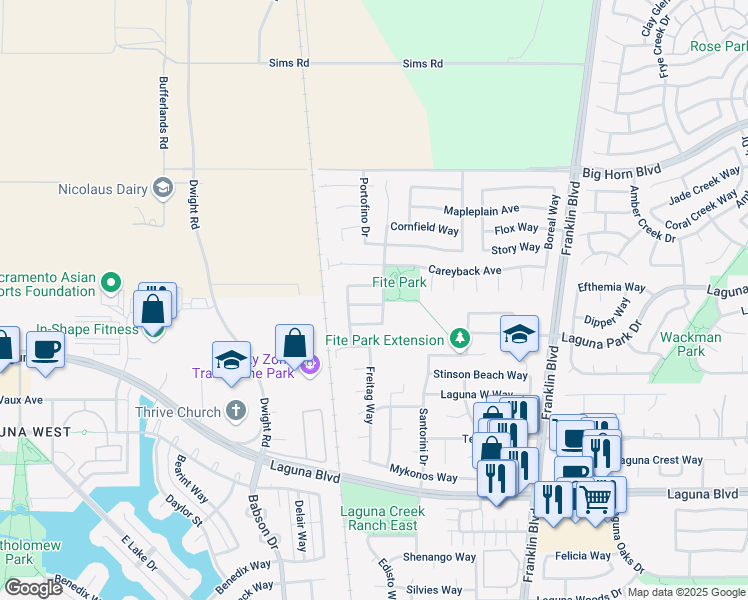 map of restaurants, bars, coffee shops, grocery stores, and more near 9009 Testerman Way in Elk Grove