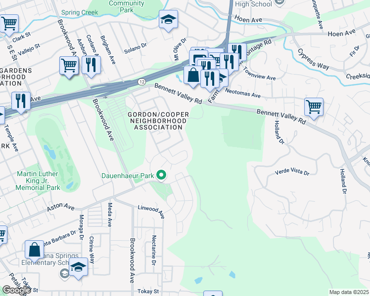 map of restaurants, bars, coffee shops, grocery stores, and more near 1392 Gordon Lane in Santa Rosa