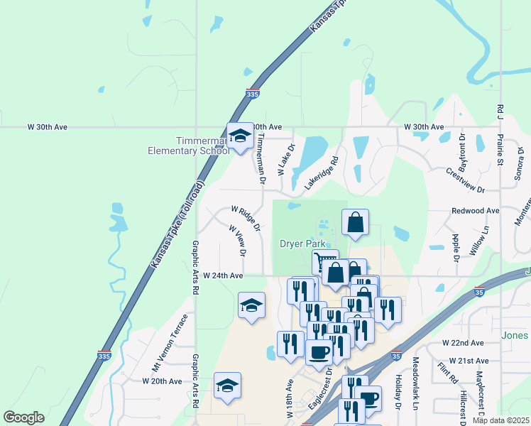map of restaurants, bars, coffee shops, grocery stores, and more near 2618 West Ridge Court in Emporia