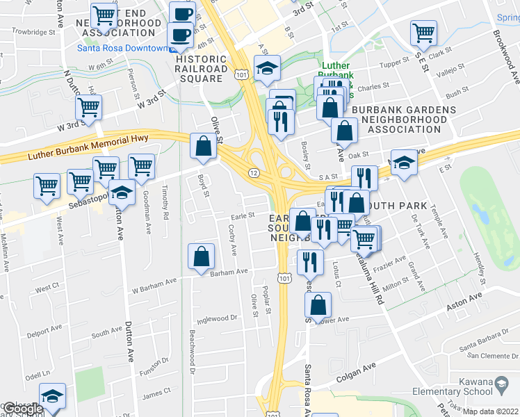 map of restaurants, bars, coffee shops, grocery stores, and more near 221 Earle Street in Santa Rosa