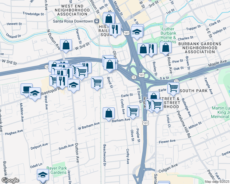 map of restaurants, bars, coffee shops, grocery stores, and more near 686 Boyd Street in Santa Rosa