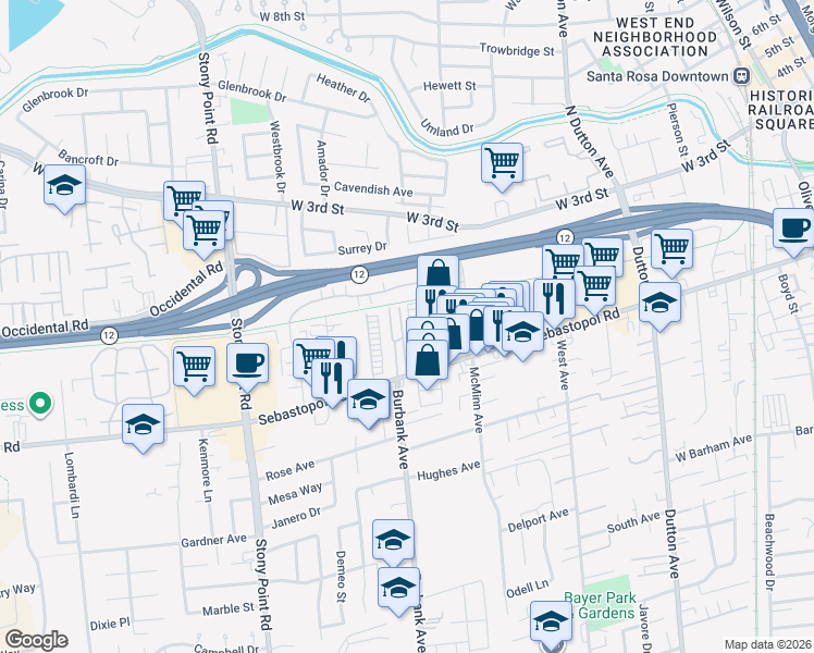 map of restaurants, bars, coffee shops, grocery stores, and more near 61 Romani Court in Santa Rosa