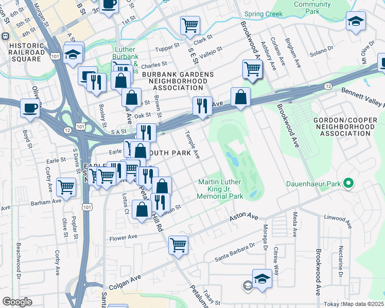 map of restaurants, bars, coffee shops, grocery stores, and more near 1021 Temple Ave in Santa Rosa