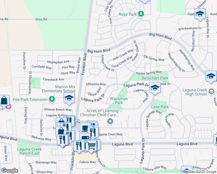 map of restaurants, bars, coffee shops, grocery stores, and more near Laguna Park Drive & Efthemia Way in Elk Grove