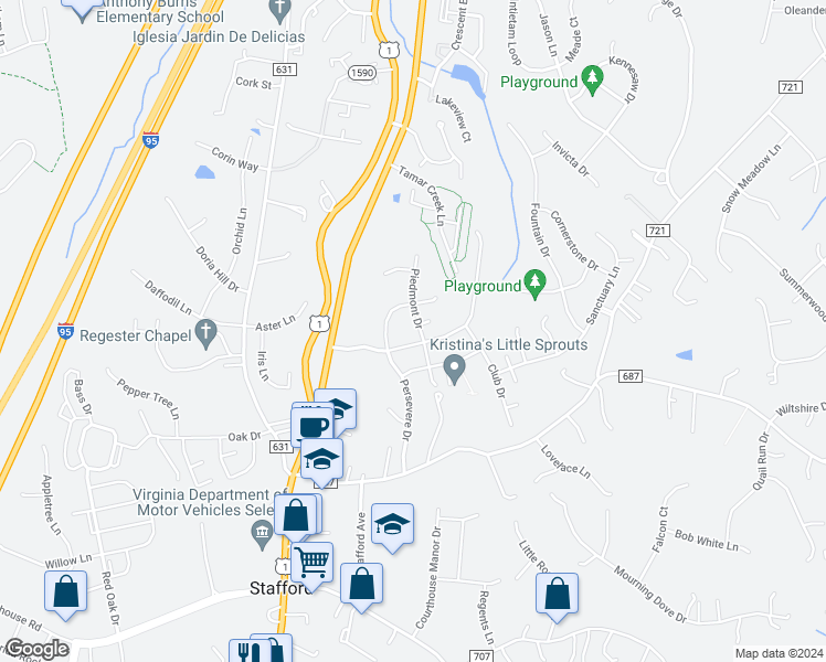 map of restaurants, bars, coffee shops, grocery stores, and more near 3 Piedmont Drive in Stafford