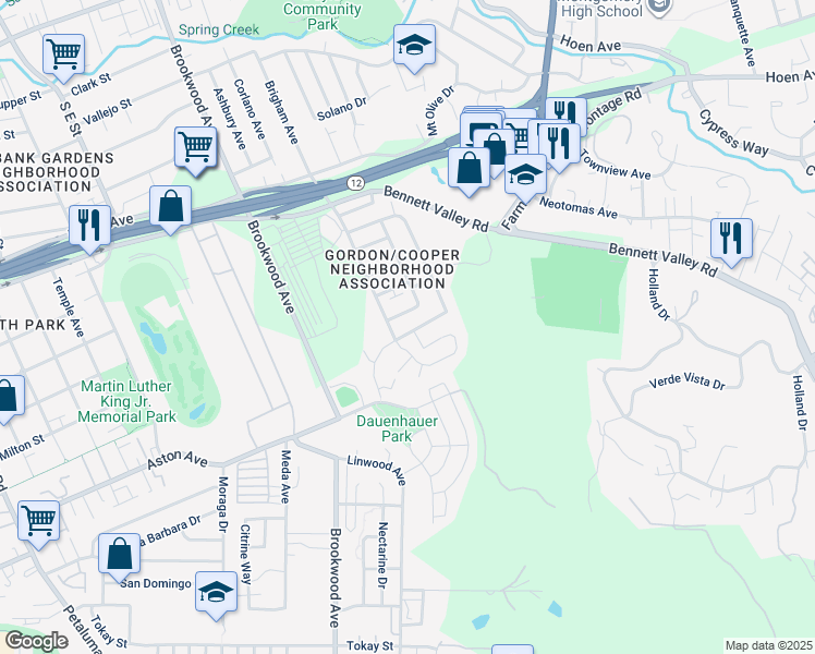 map of restaurants, bars, coffee shops, grocery stores, and more near 1955 Cooper Drive in Santa Rosa