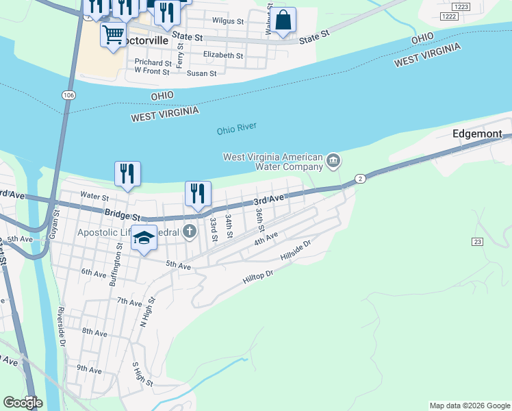map of restaurants, bars, coffee shops, grocery stores, and more near 3511 3rd Avenue in Huntington