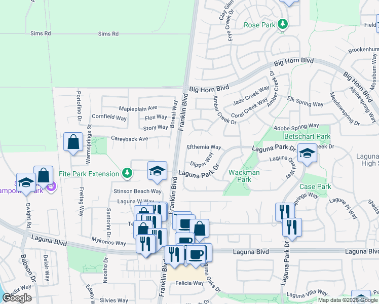 map of restaurants, bars, coffee shops, grocery stores, and more near 5018 Efthemia Way in Elk Grove