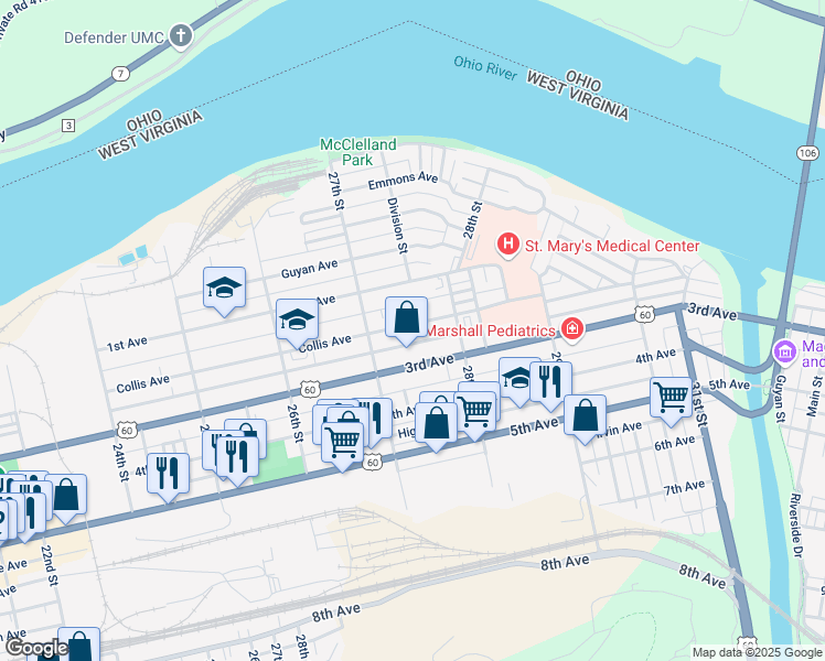 map of restaurants, bars, coffee shops, grocery stores, and more near 2745 Collis Avenue in Huntington