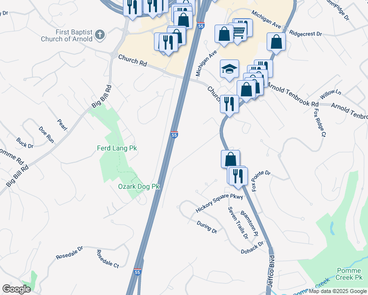 map of restaurants, bars, coffee shops, grocery stores, and more near 2559 Frederitzi Lane in Arnold