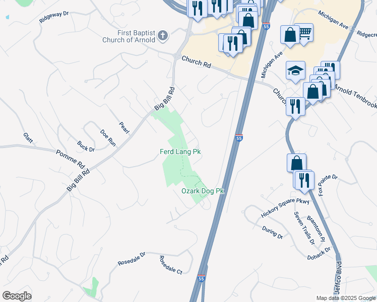 map of restaurants, bars, coffee shops, grocery stores, and more near 1829 Harlene in Arnold