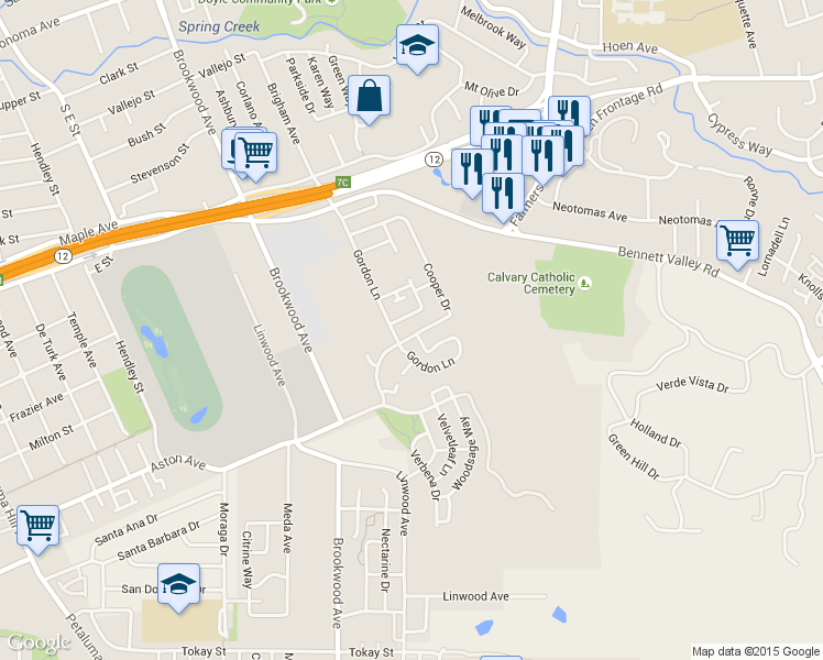 map of restaurants, bars, coffee shops, grocery stores, and more near 1945 Cooper Drive in Santa Rosa