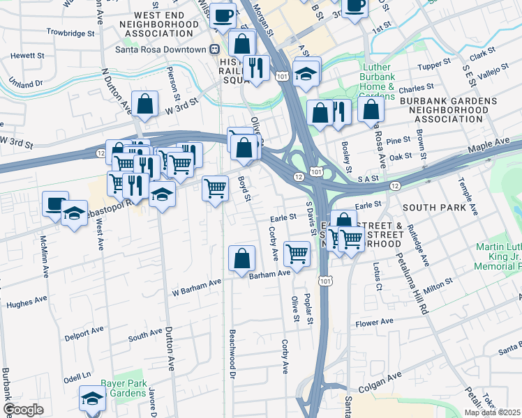 map of restaurants, bars, coffee shops, grocery stores, and more near 568 Boyd Street in Santa Rosa