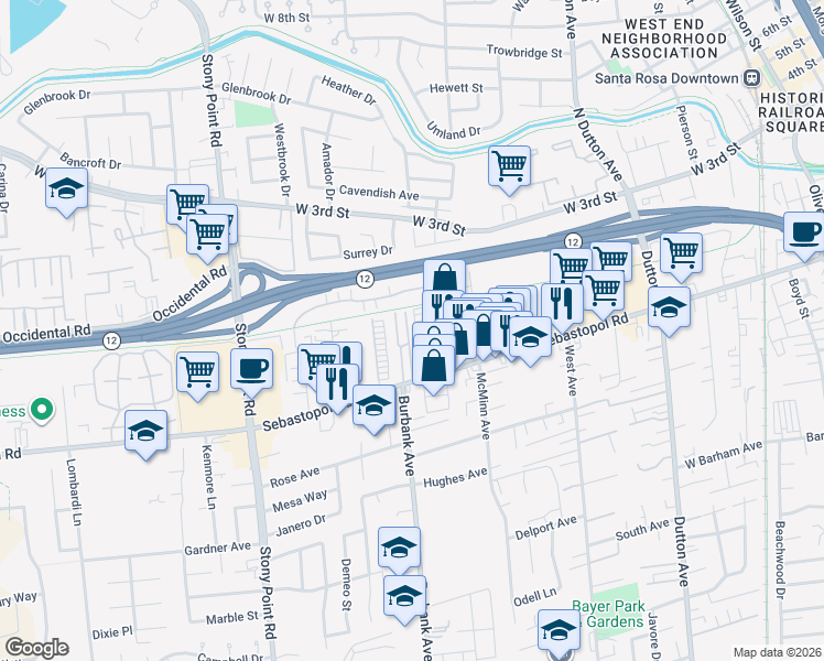 map of restaurants, bars, coffee shops, grocery stores, and more near 61 Romani Court in Santa Rosa