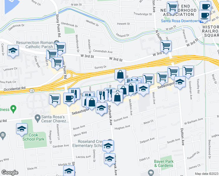 map of restaurants, bars, coffee shops, grocery stores, and more near 87 Roundelay Lane in Santa Rosa