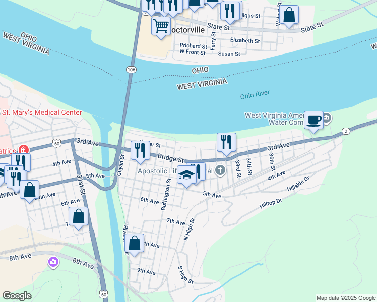 map of restaurants, bars, coffee shops, grocery stores, and more near 102 Buffington Street in Huntington