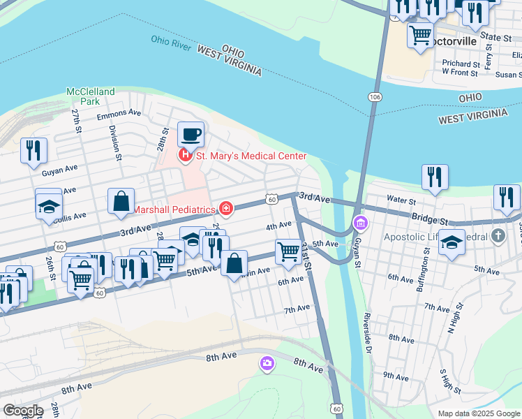 map of restaurants, bars, coffee shops, grocery stores, and more near 2981 3rd Avenue in Huntington