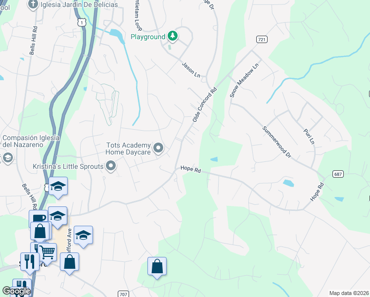 map of restaurants, bars, coffee shops, grocery stores, and more near 30 Olde Concord Road in Stafford