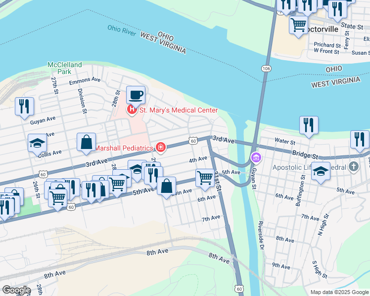 map of restaurants, bars, coffee shops, grocery stores, and more near 2981 3rd Avenue in Huntington