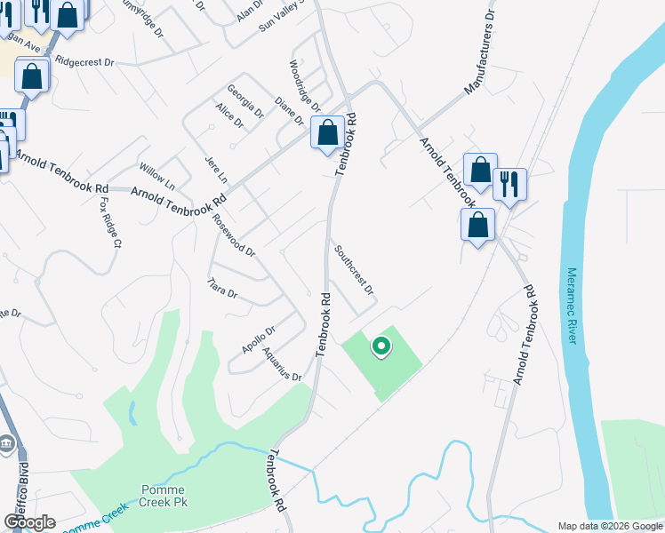 map of restaurants, bars, coffee shops, grocery stores, and more near 2932 Tenbrook Rd in Arnold