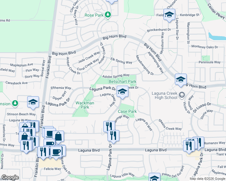 map of restaurants, bars, coffee shops, grocery stores, and more near 5326 Laguna Park Drive in Elk Grove
