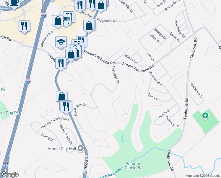 map of restaurants, bars, coffee shops, grocery stores, and more near 1446 Fox Ridge Court in Arnold