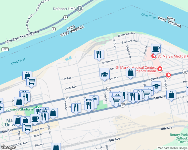 map of restaurants, bars, coffee shops, grocery stores, and more near 2549 1st Avenue in Huntington