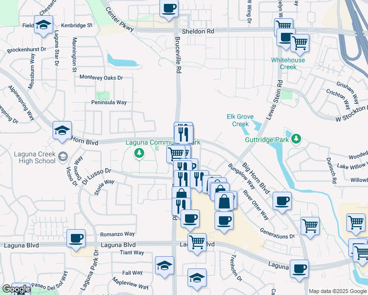 map of restaurants, bars, coffee shops, grocery stores, and more near 9015 Bruceville Road in Elk Grove