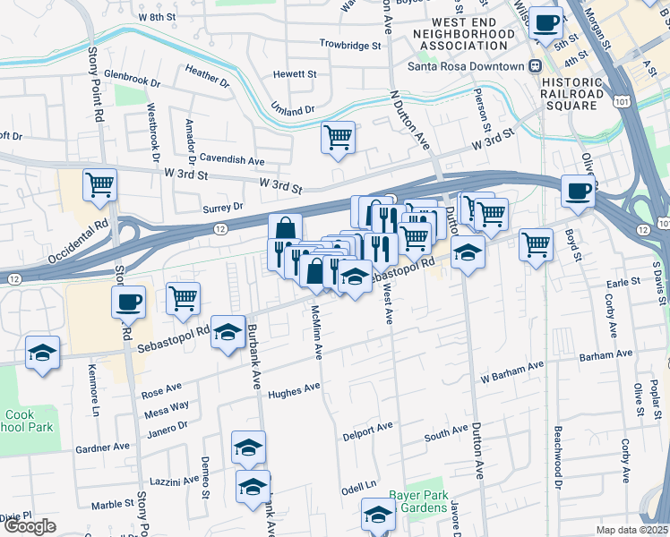 map of restaurants, bars, coffee shops, grocery stores, and more near 995 Sebastopol Rd in Santa Rosa