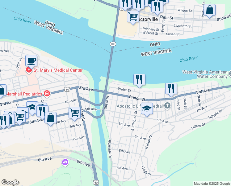 map of restaurants, bars, coffee shops, grocery stores, and more near 128 Bridge Street in Huntington