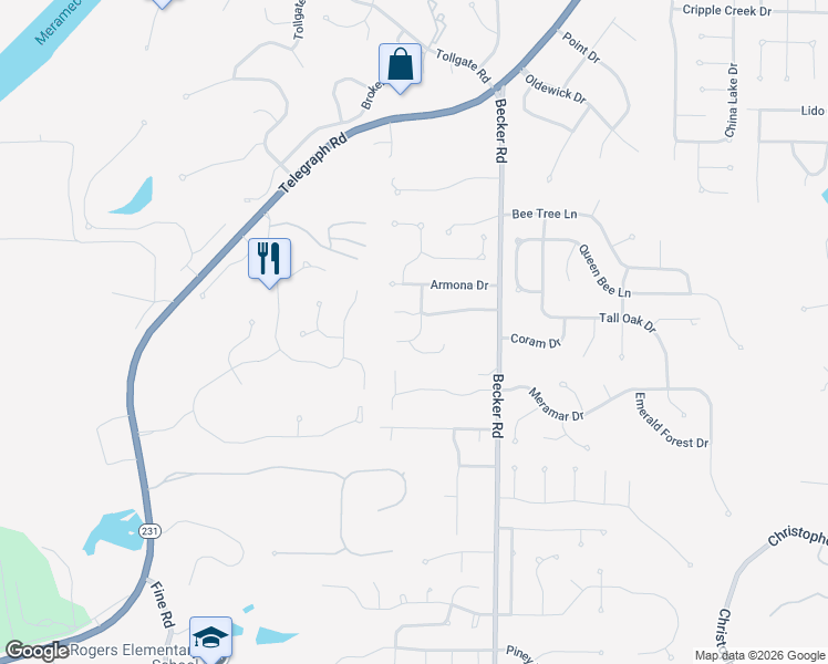 map of restaurants, bars, coffee shops, grocery stores, and more near 7122 Caprock Drive in St. Louis
