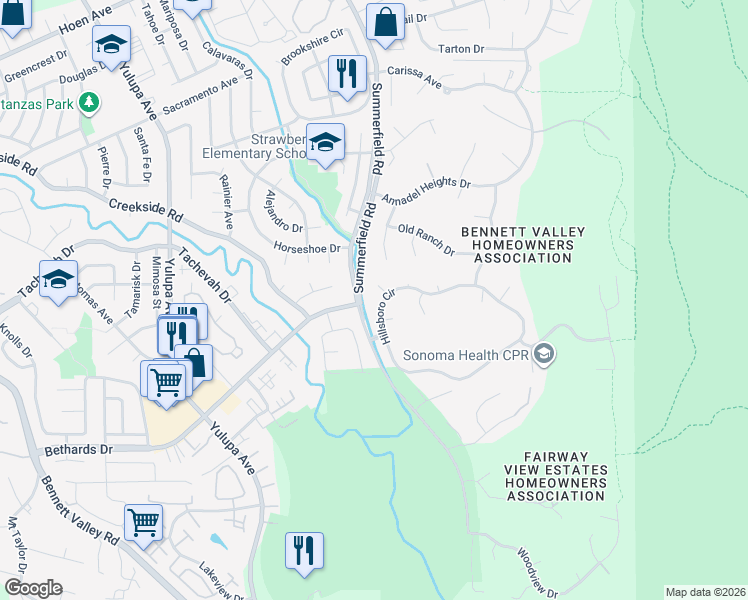 map of restaurants, bars, coffee shops, grocery stores, and more near 4711 Hillsboro Circle in Santa Rosa