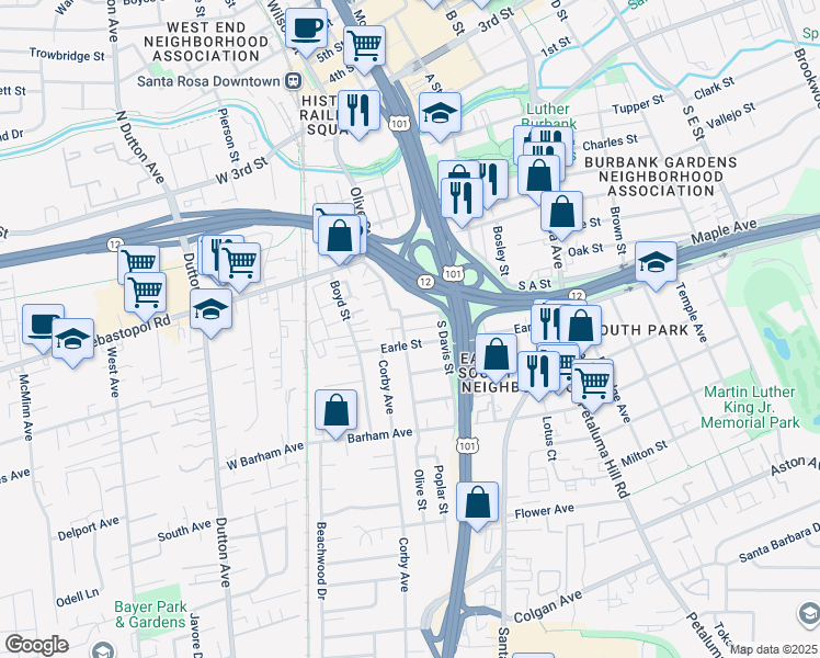 map of restaurants, bars, coffee shops, grocery stores, and more near 221 Earle Street in Santa Rosa